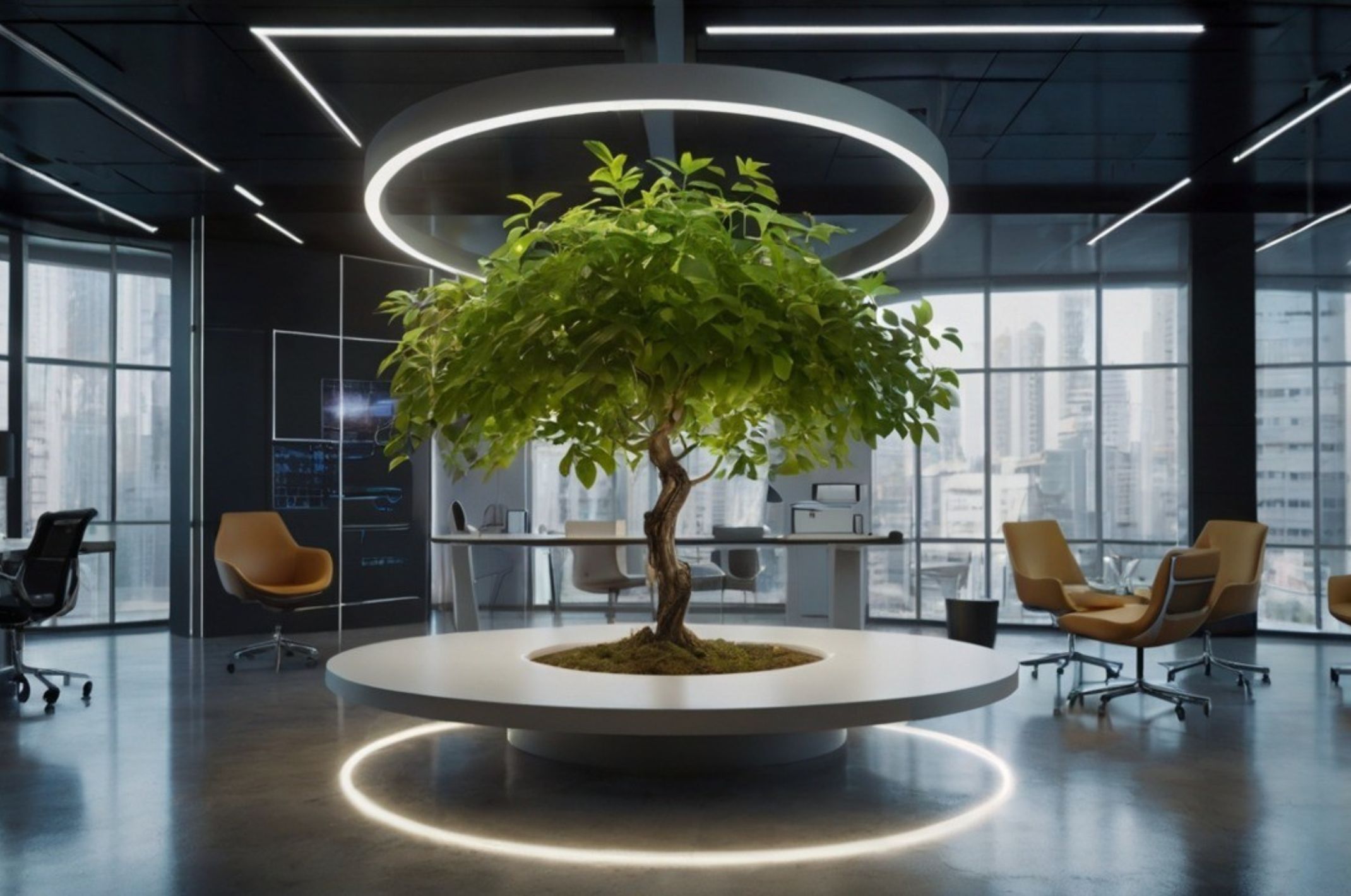 AI generated image of a tree growing in the middle of an office