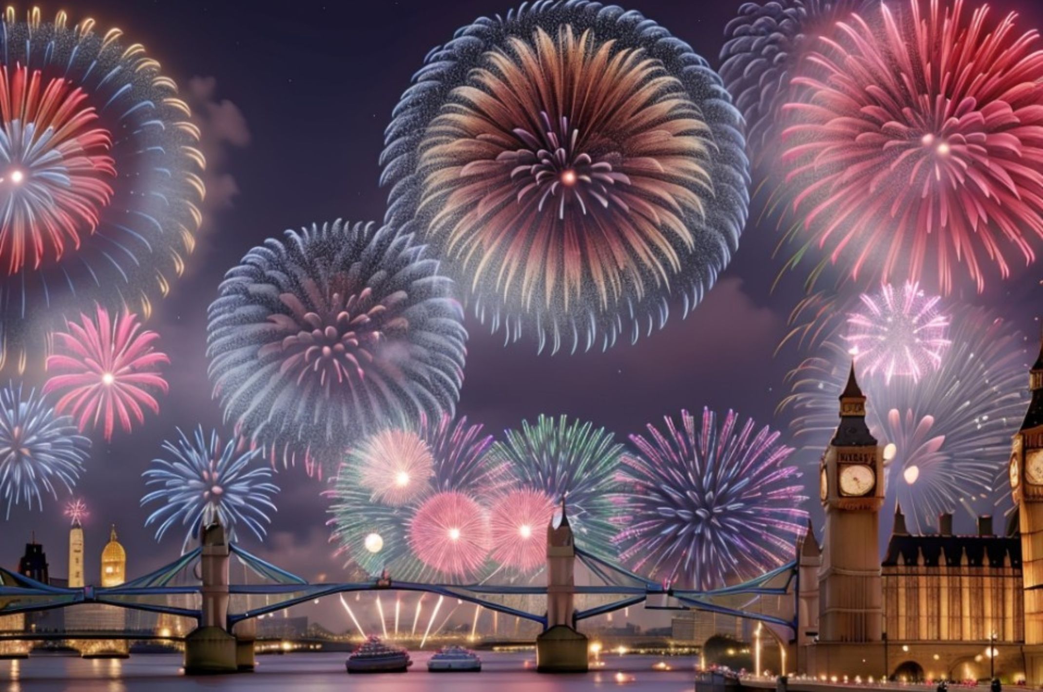 Illustration of London's fireworks over the Thames