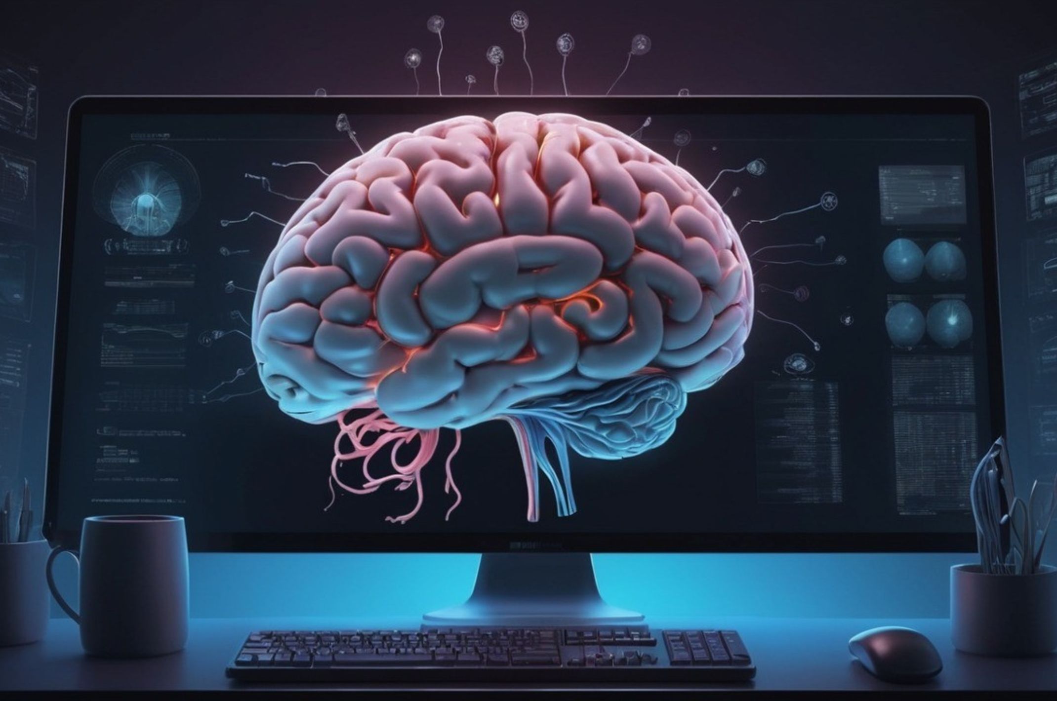 Illustration of a computer screen showing a brain and its parts