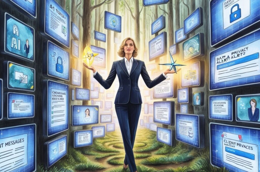 Illustration of woman walking through a forest made of screens