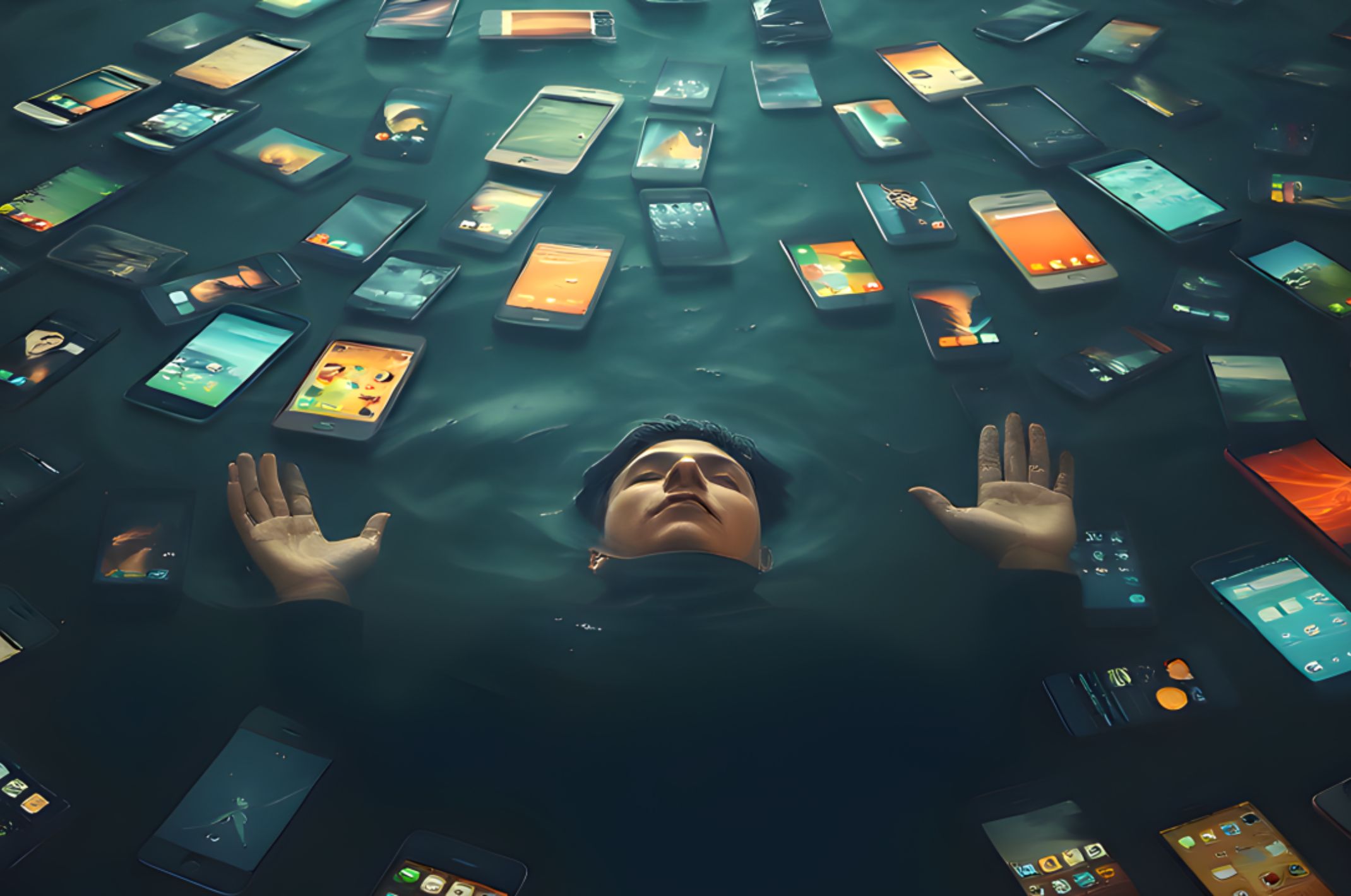 Person floating in sea surrounded by mobile phones